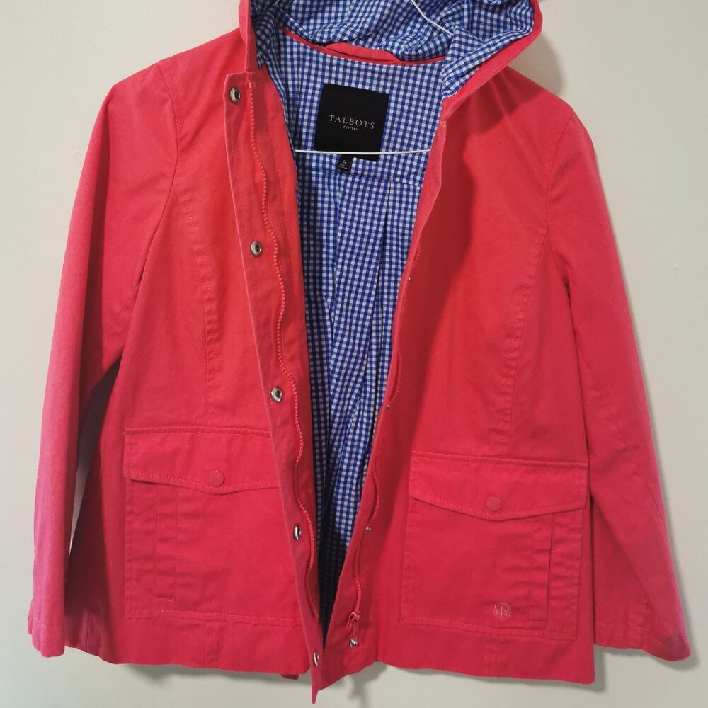 Talbots Rain Jacket Women Sp Hooded Salmon Coral Pink Blue Gingham Lined Hood